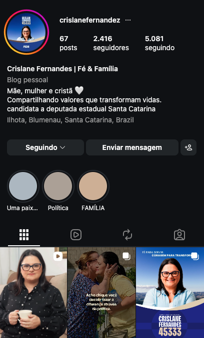 Perfil oficial de Crislane Fernandes no Instagram
